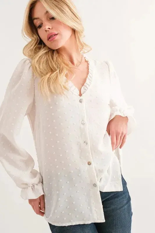 Polka Dot Ruffle Blouse-Apparel & Accessories-Evelyns Fashion