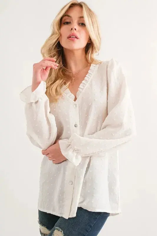 Polka Dot Ruffle Blouse-Apparel & Accessories-Evelyns Fashion