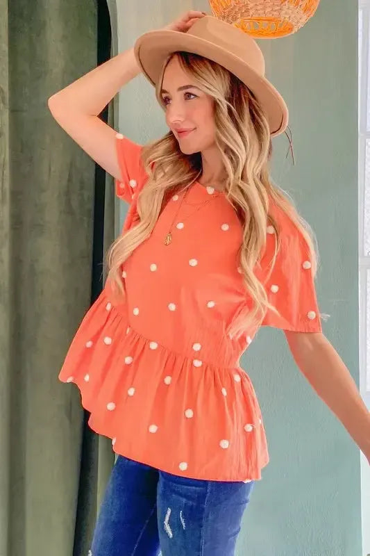 Pom Pom Polka Dots Short Sleeve Top-Apparel & Accessories-Evelyns Fashion