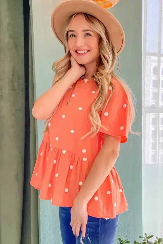 Pom Pom Polka Dots Short Sleeve Top-Apparel & Accessories-Evelyns Fashion