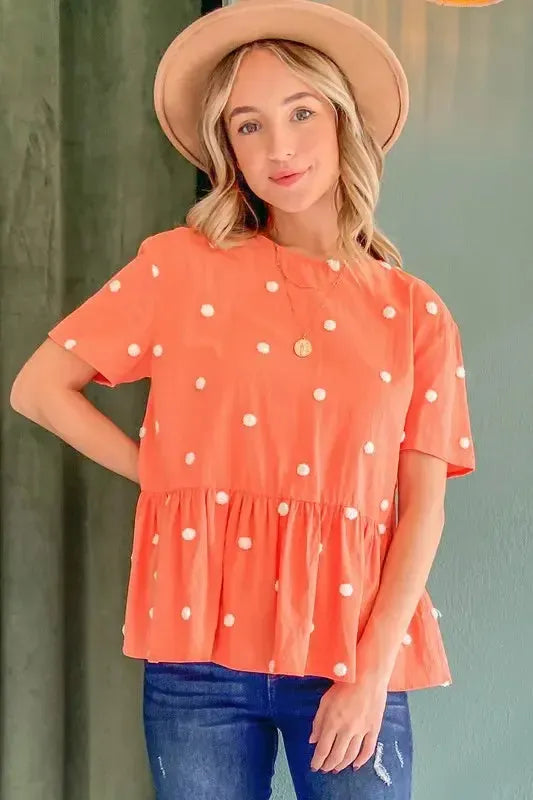 Pom Pom Polka Dots Short Sleeve Top-Apparel & Accessories-Evelyns Fashion