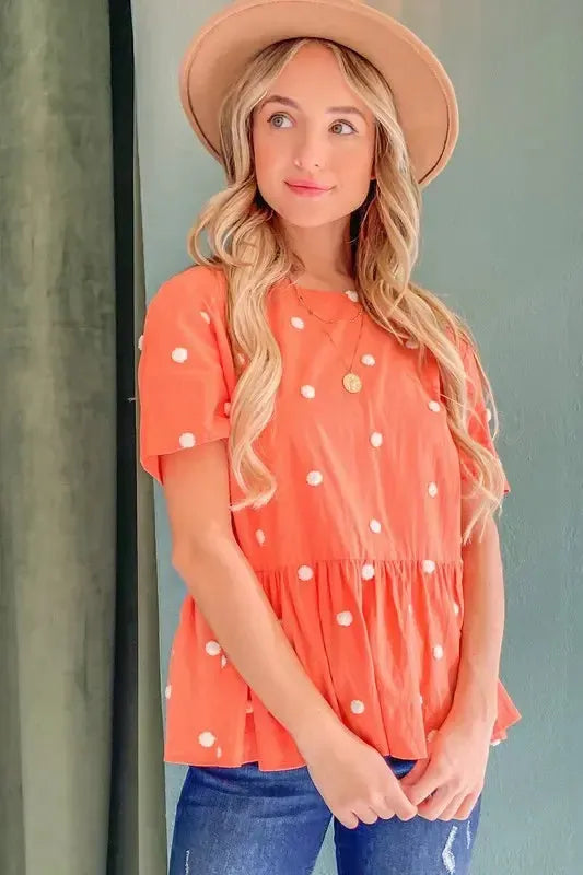 Pom Pom Polka Dots Short Sleeve Top-Apparel & Accessories-Evelyns Fashion