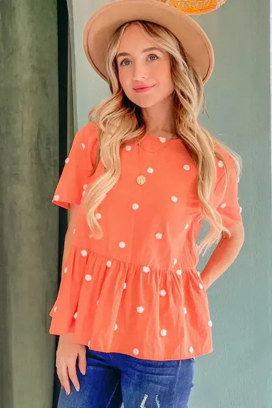 Pom Pom Polka Dots Short Sleeve Top-Apparel & Accessories-Evelyns Fashion