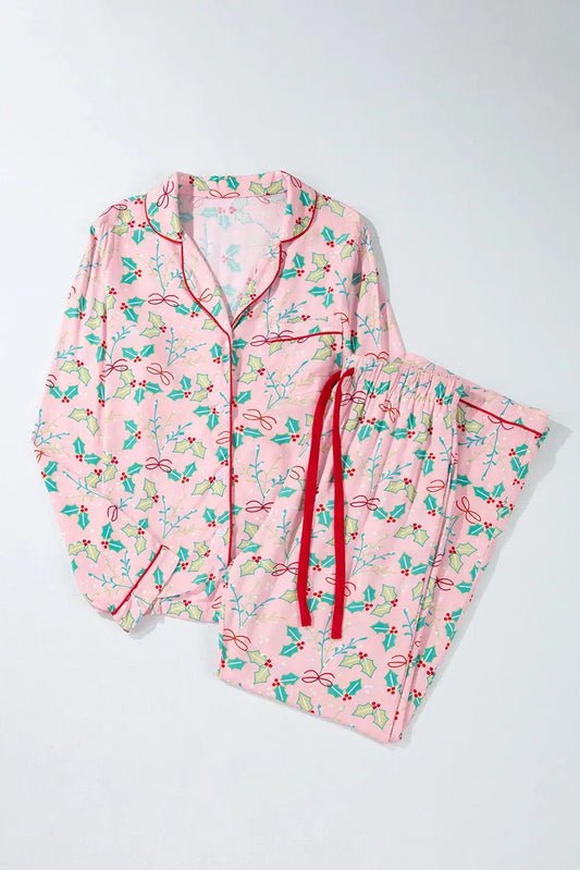 Printed Collared Neck Long Sleeve Top and Pants Lounge Set-Loungewear-Evelyns Fashion