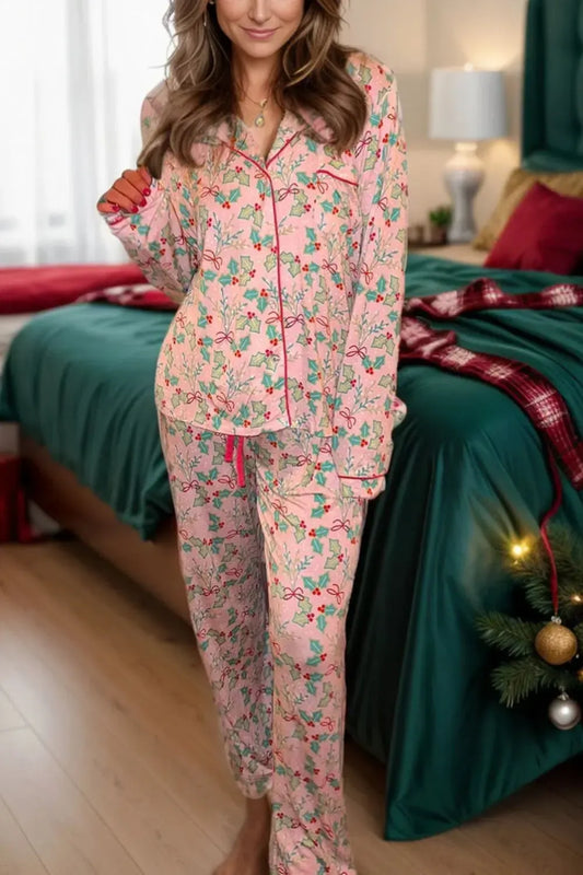 Printed Collared Neck Long Sleeve Top and Pants Lounge Set-Loungewear-Evelyns Fashion