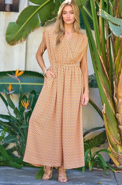 Printed V-Neck Sleeveless Jumpsuit-jumpsuits-Evelyns Fashion