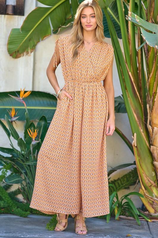 Printed V-Neck Sleeveless Jumpsuit-jumpsuits-Evelyns Fashion