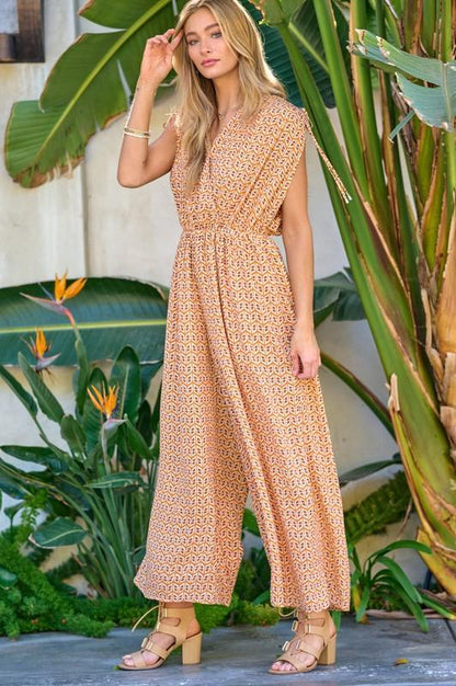 Printed V-Neck Sleeveless Jumpsuit-jumpsuits-Evelyns Fashion