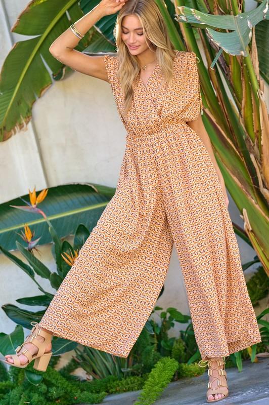 Printed V-Neck Sleeveless Jumpsuit-jumpsuits-Evelyns Fashion