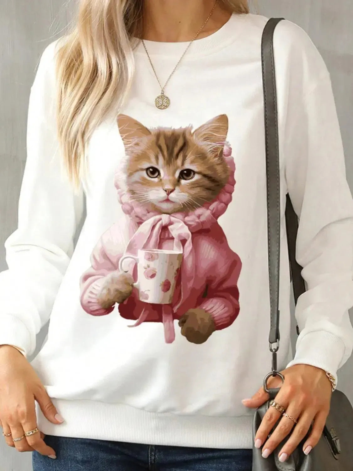 Purr-fect Comfort: Cat Lovers Round Neck Sweatshirt-Apparel & Accessories-Evelyns Fashion
