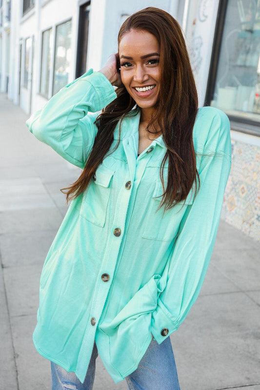 Put Together Mint Cut-Edge Button-Down Long Shirt Top-Evelyns Fashion