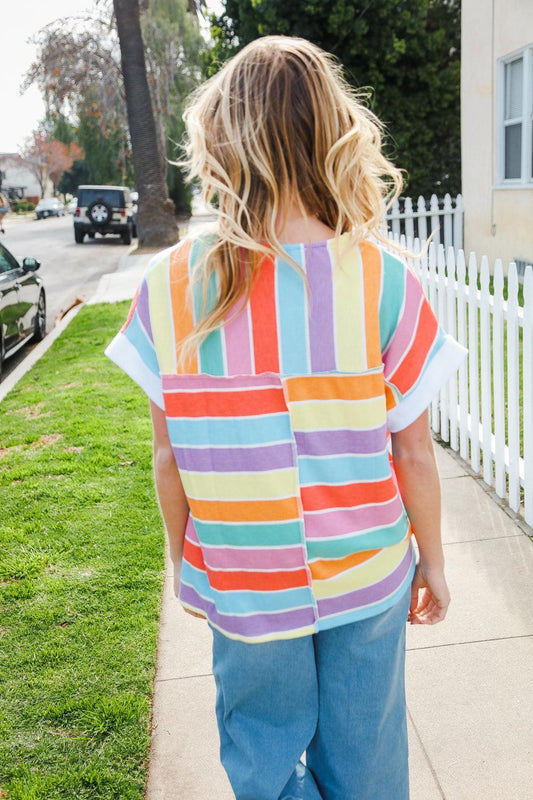 Rainbow Striped Thermal Top-Blouses-Evelyns Fashion