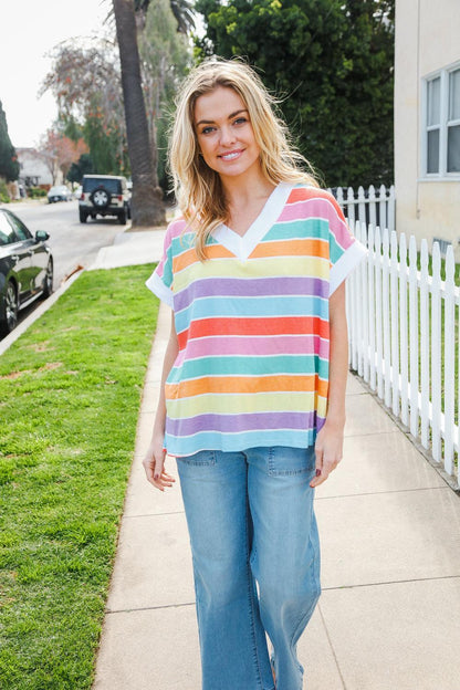 Rainbow Striped Thermal Top-Blouses-Evelyns Fashion