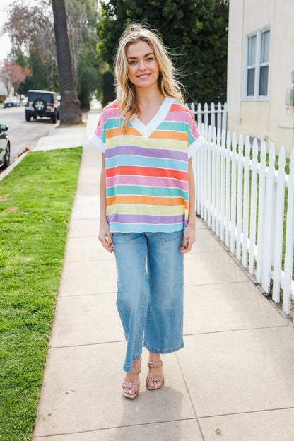 Rainbow Striped Thermal Top-Blouses-Evelyns Fashion