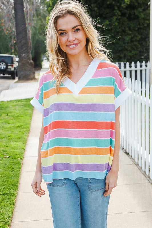 Rainbow Striped Thermal Top-Blouses-Evelyns Fashion