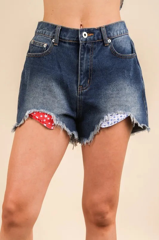 Raw Hem Contrast Wash Denim Shorts-Apparel & Accessories-Evelyns Fashion
