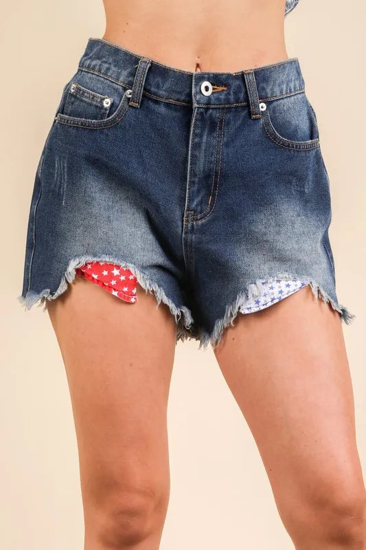 Raw Hem Contrast Wash Denim Shorts-Apparel & Accessories-Evelyns Fashion