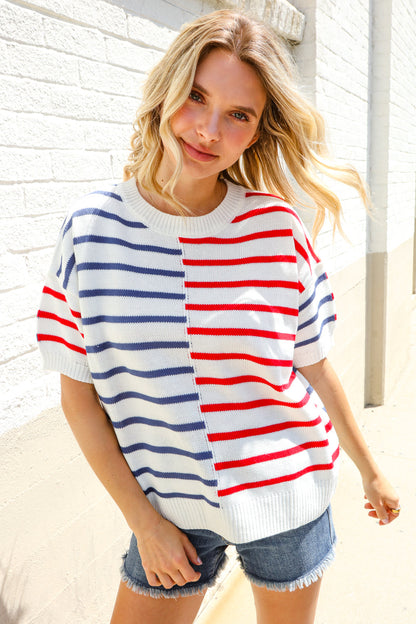 Red and Blue Stripe Sweater Top-Sweaters-Evelyns Fashion