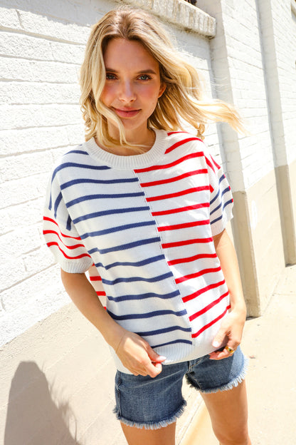 Red and Blue Stripe Sweater Top-Sweaters-Evelyns Fashion