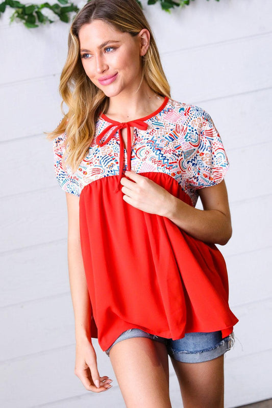Red Boho Dolman Top-Short Sleeve Blouse-Evelyns Fashion