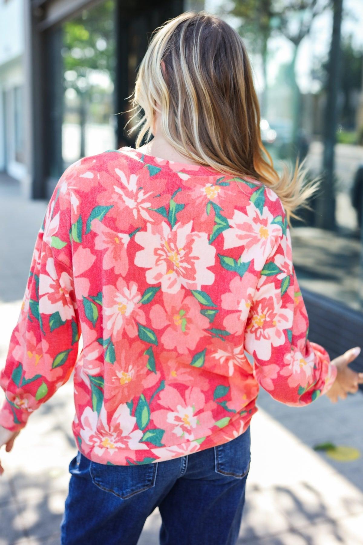 Red Floral Brushed Hacci Sweater Top-Sweater-Evelyns Fashion