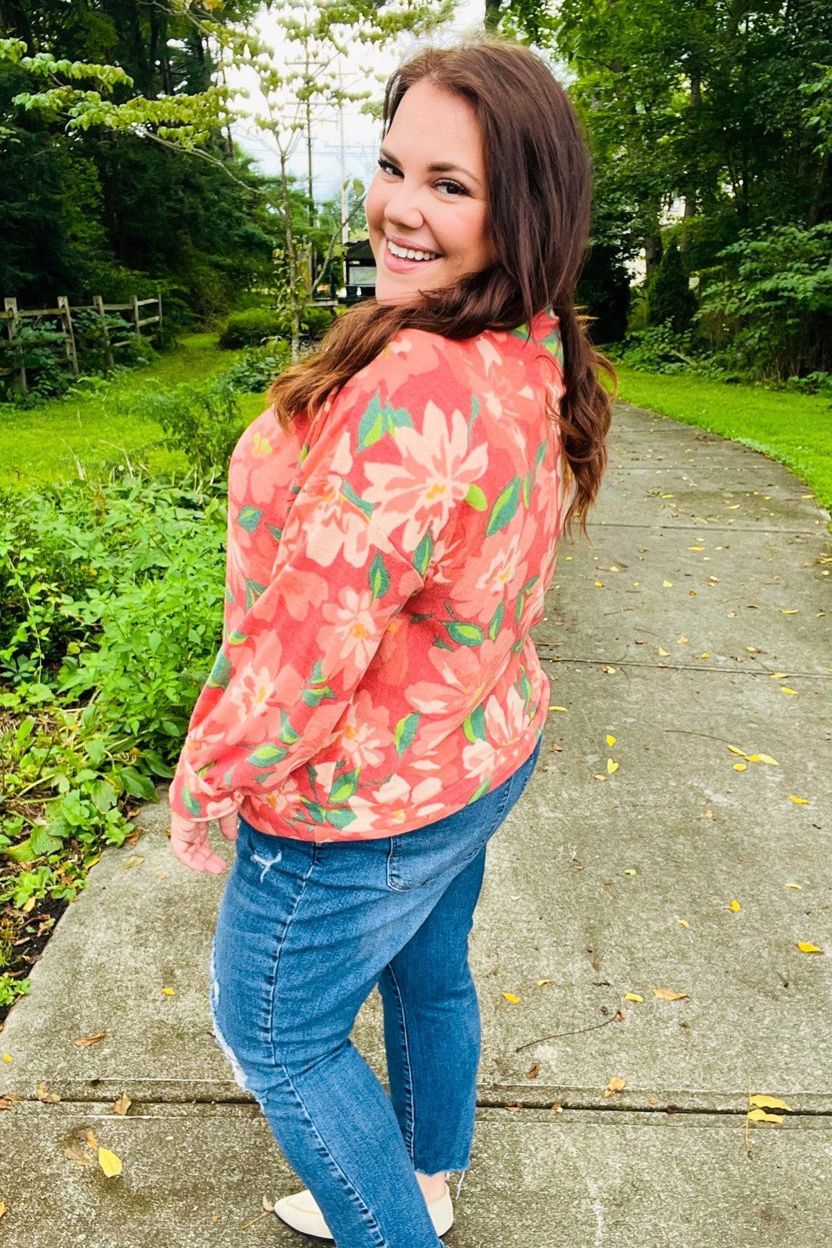 Red Floral Brushed Hacci Sweater Top-Sweater-Evelyns Fashion