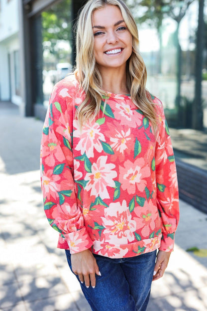 Red Floral Brushed Hacci Sweater Top-Sweater-Evelyns Fashion