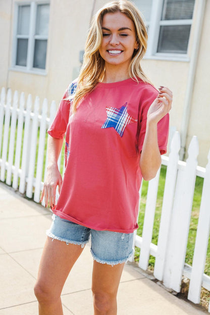 Red French Terry Star Patch Top-Short Sleeve Blouse-Evelyns Fashion