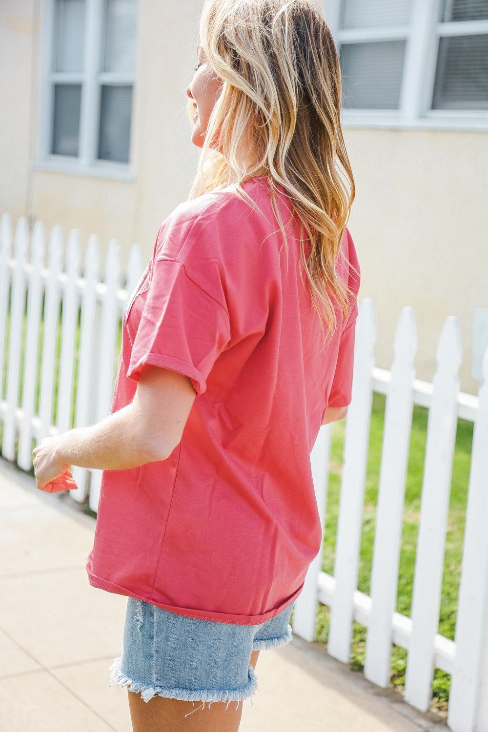 Red French Terry Star Patch Top-Short Sleeve Blouse-Evelyns Fashion