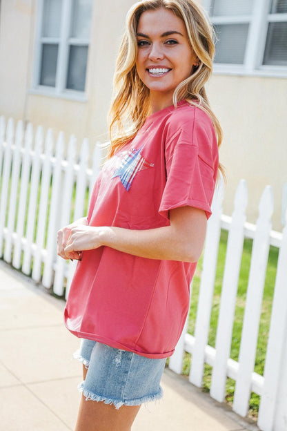 Red French Terry Star Patch Top-Short Sleeve Blouse-Evelyns Fashion