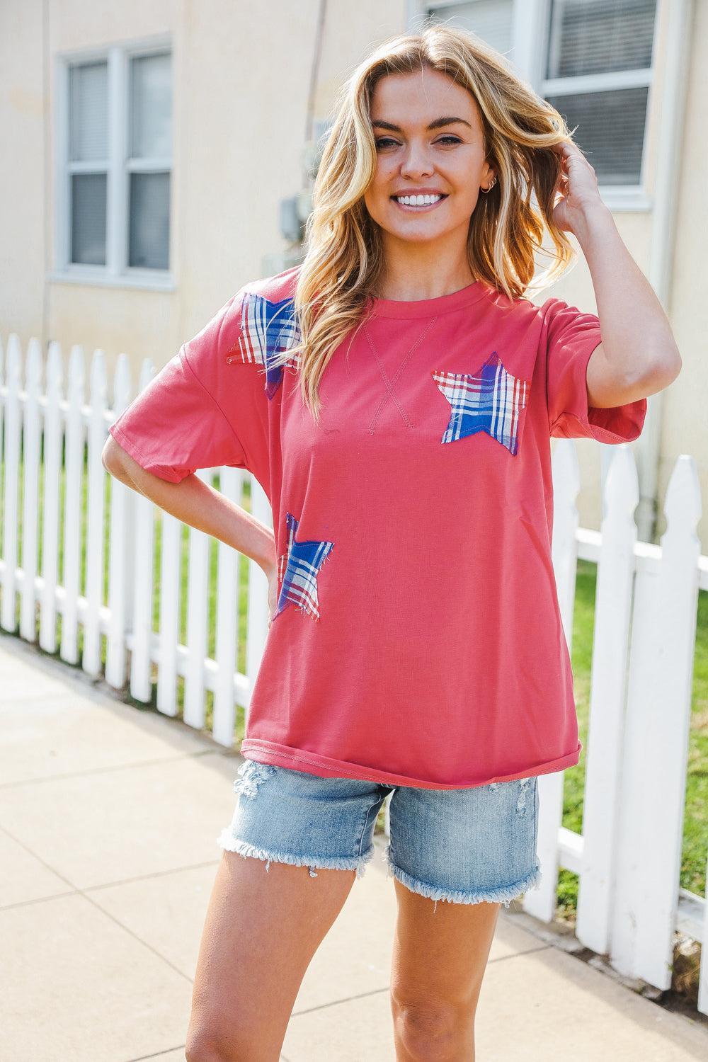 Red French Terry Star Patch Top-Short Sleeve Blouse-Evelyns Fashion