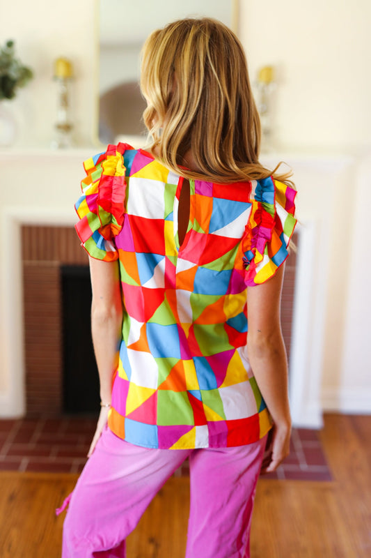 Red Geometric Print Ruffle Sleeve Top-Sleeveless-Evelyns Fashion