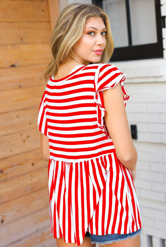 Red Stripe Babydoll Top-Short Sleeve Blouse-Evelyns Fashion
