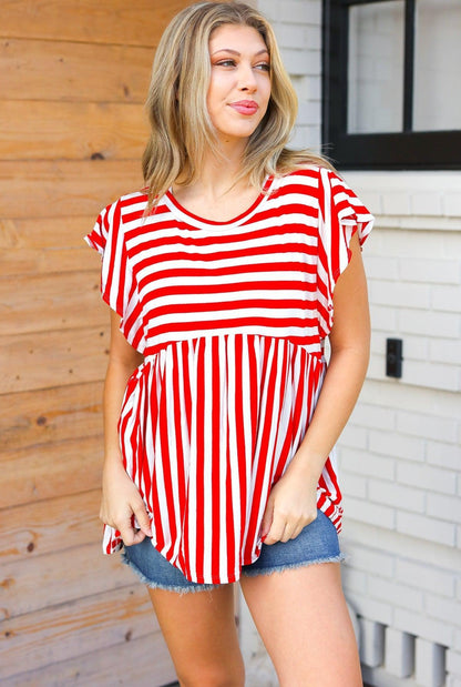 Red Stripe Babydoll Top-Short Sleeve Blouse-Evelyns Fashion