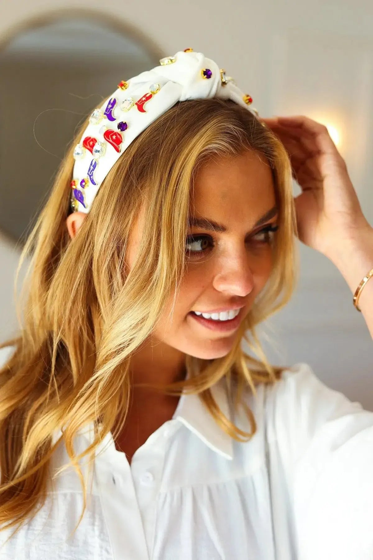 Red White & Blue Gem Cowboy Embellished Top Knot Headband-2024 Blow-Out Sale-Evelyns Fashion