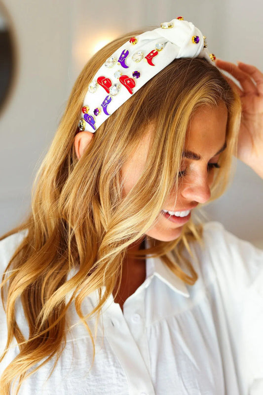 Red White & Blue Gem Cowboy Embellished Top Knot Headband-2024 Blow-Out Sale-Evelyns Fashion