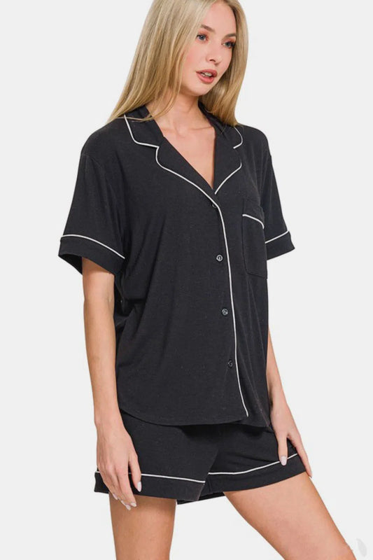 Relax in Zenana Button Down Short Sleeve Top & Shorts-Loungewear-Evelyns Fashion