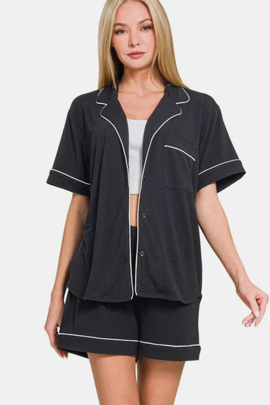 Relax in Zenana Button Down Short Sleeve Top & Shorts-Loungewear-Evelyns Fashion