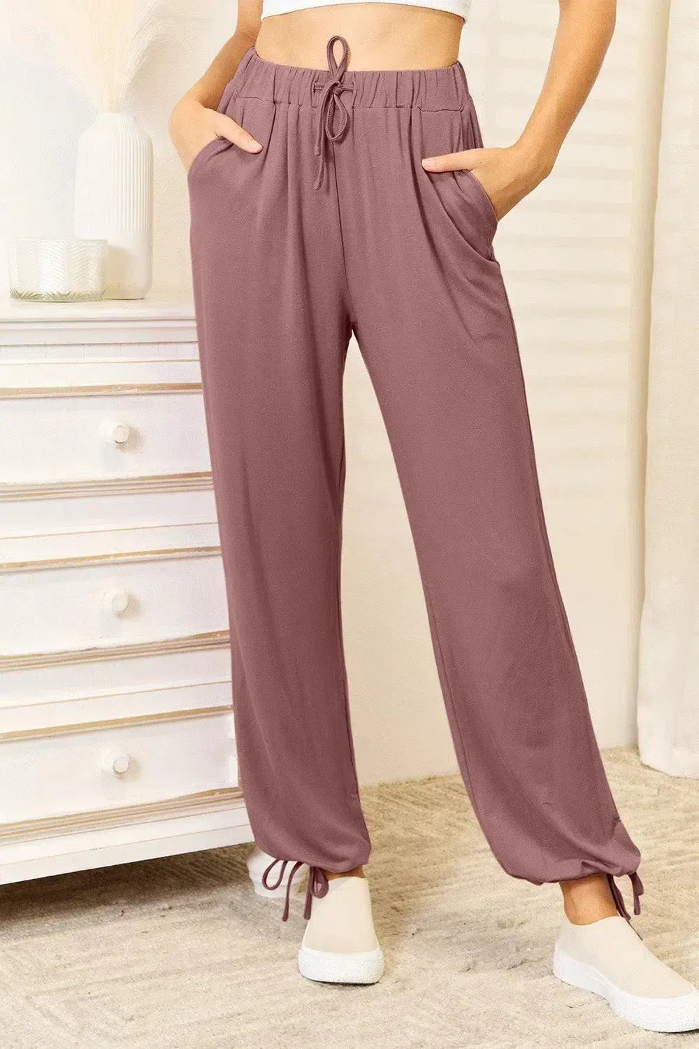 Relaxed Comfort: Drawstring Waist Pants with Pockets-Apparel & Accessories-Evelyns Fashion