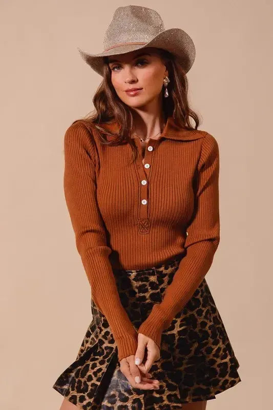 Ribbed Knit Top – Stretchy, Soft & Flattering-Long Sleeve Blouse-Evelyns Fashion