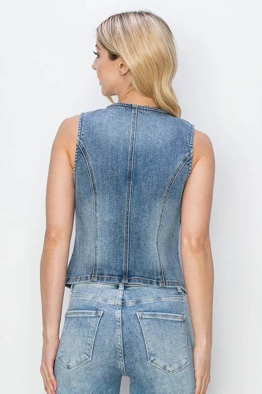 RISEN Plus Size V-Neck Button Down Vest-Apparel & Accessories-Evelyns Fashion
