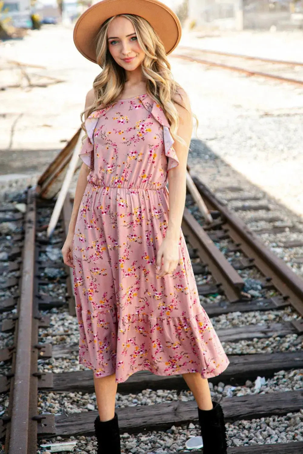 Rose Floral Halter Ruffle Hem Pocketed Midi Dress-2024 Blow-Out Sale-Evelyns Fashion
