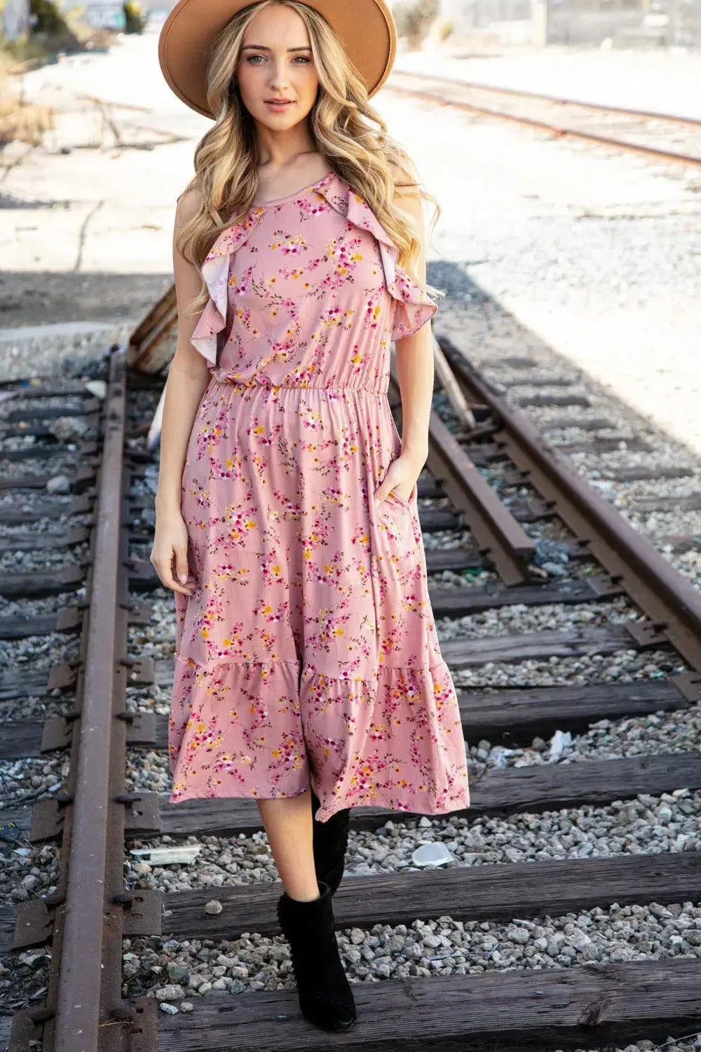 Rose Floral Halter Ruffle Hem Pocketed Midi Dress-2024 Blow-Out Sale-Evelyns Fashion