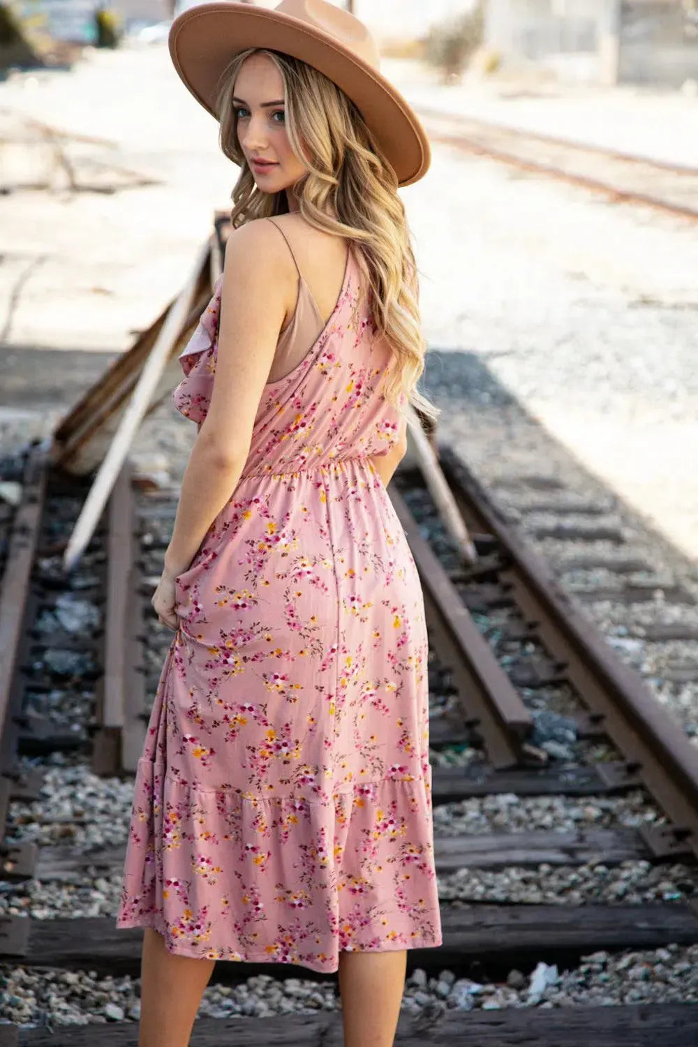 Rose Floral Halter Ruffle Hem Pocketed Midi Dress-2024 Blow-Out Sale-Evelyns Fashion