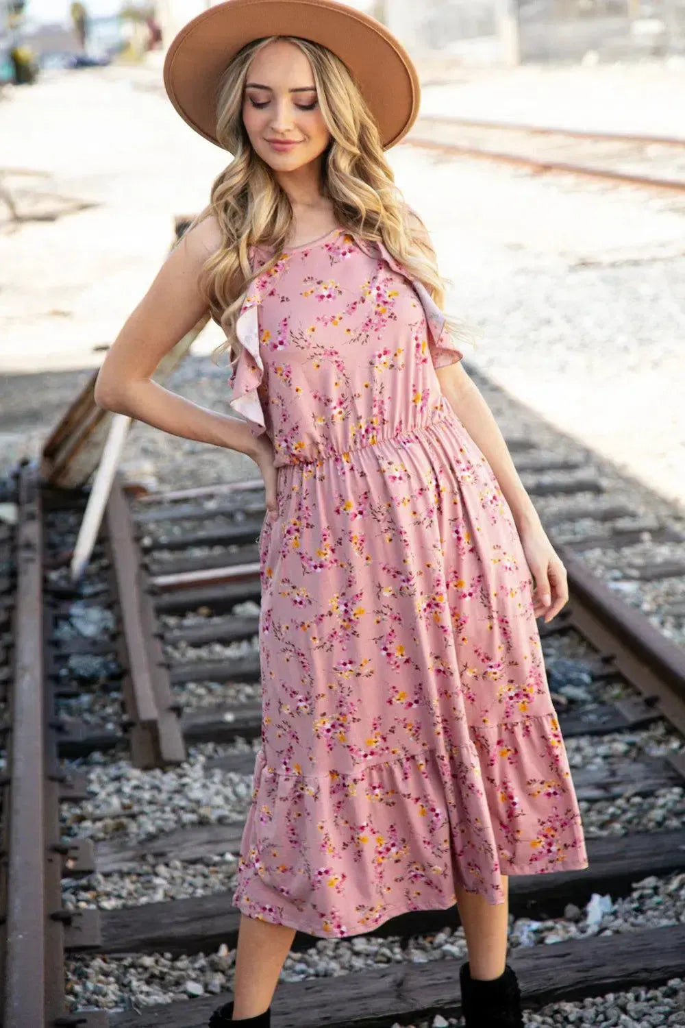 Rose Floral Halter Ruffle Hem Pocketed Midi Dress-2024 Blow-Out Sale-Evelyns Fashion