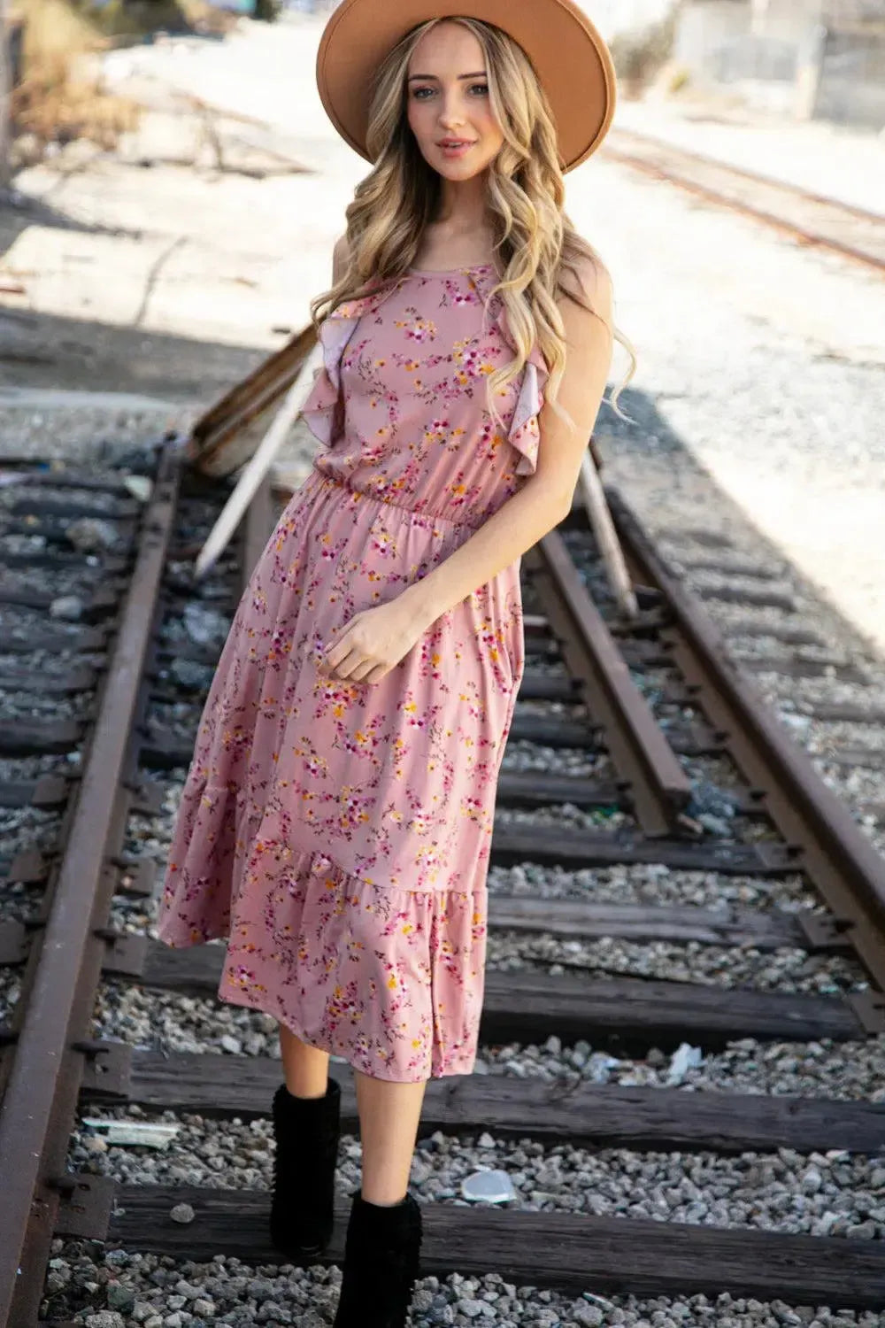 Rose Floral Halter Ruffle Hem Pocketed Midi Dress-2024 Blow-Out Sale-Evelyns Fashion