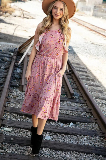 Rose Floral Halter Ruffle Hem Pocketed Midi Dress-2024 Blow-Out Sale-Evelyns Fashion