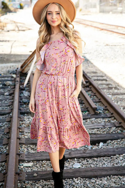 Rose Floral Halter Ruffle Hem Pocketed Midi Dress-2024 Blow-Out Sale-Evelyns Fashion