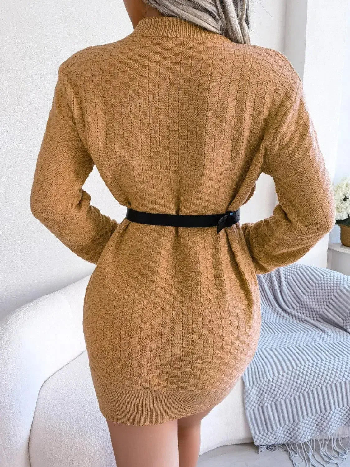Round Neck Long Sleeve Mini Sweater Dress-dresses-Evelyns Fashion