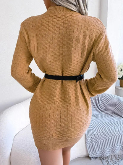 Round Neck Long Sleeve Mini Sweater Dress-dresses-Evelyns Fashion